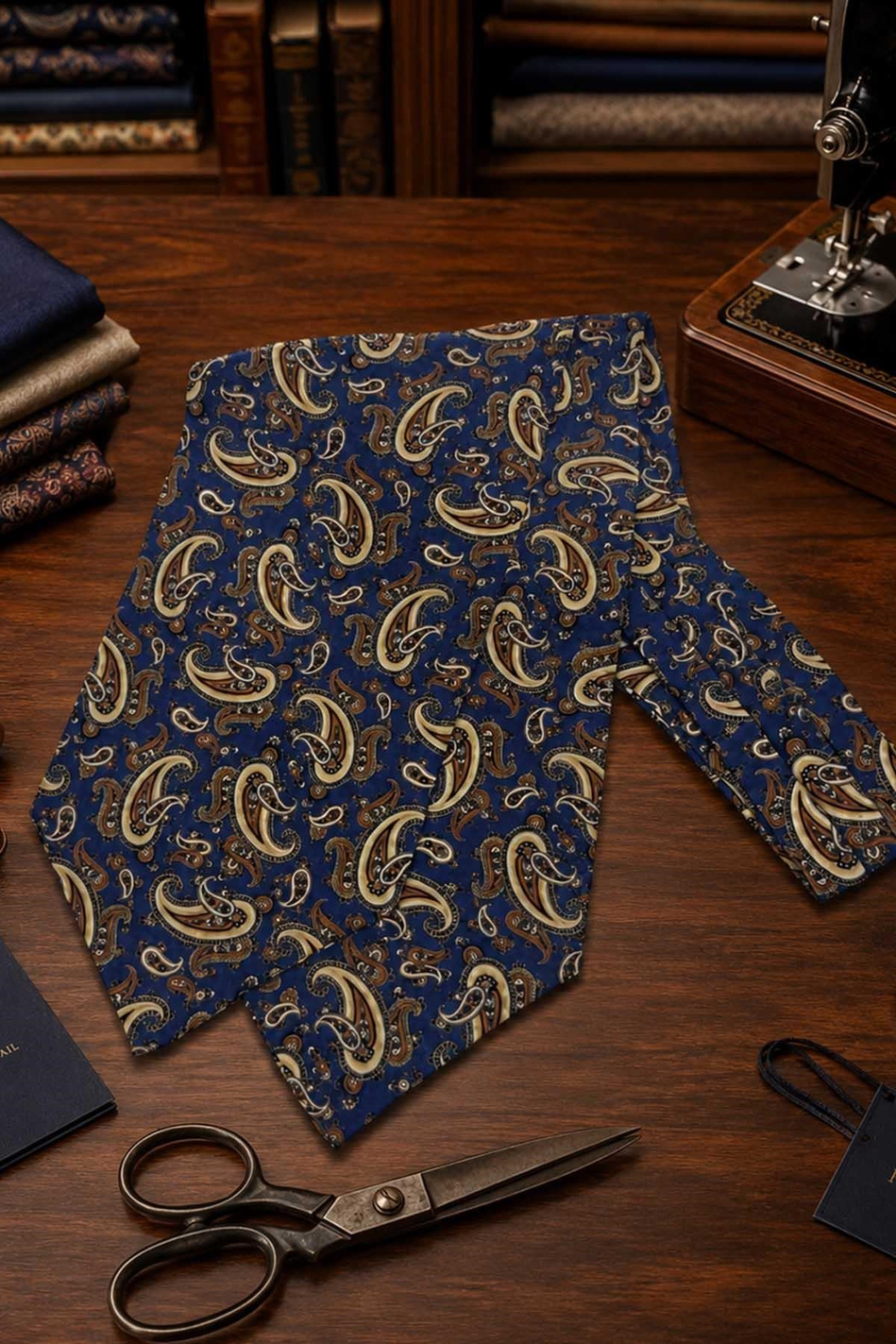 Lacivert Kahve Şal Desen İtalyan İpek Ascot Kravat SAC150