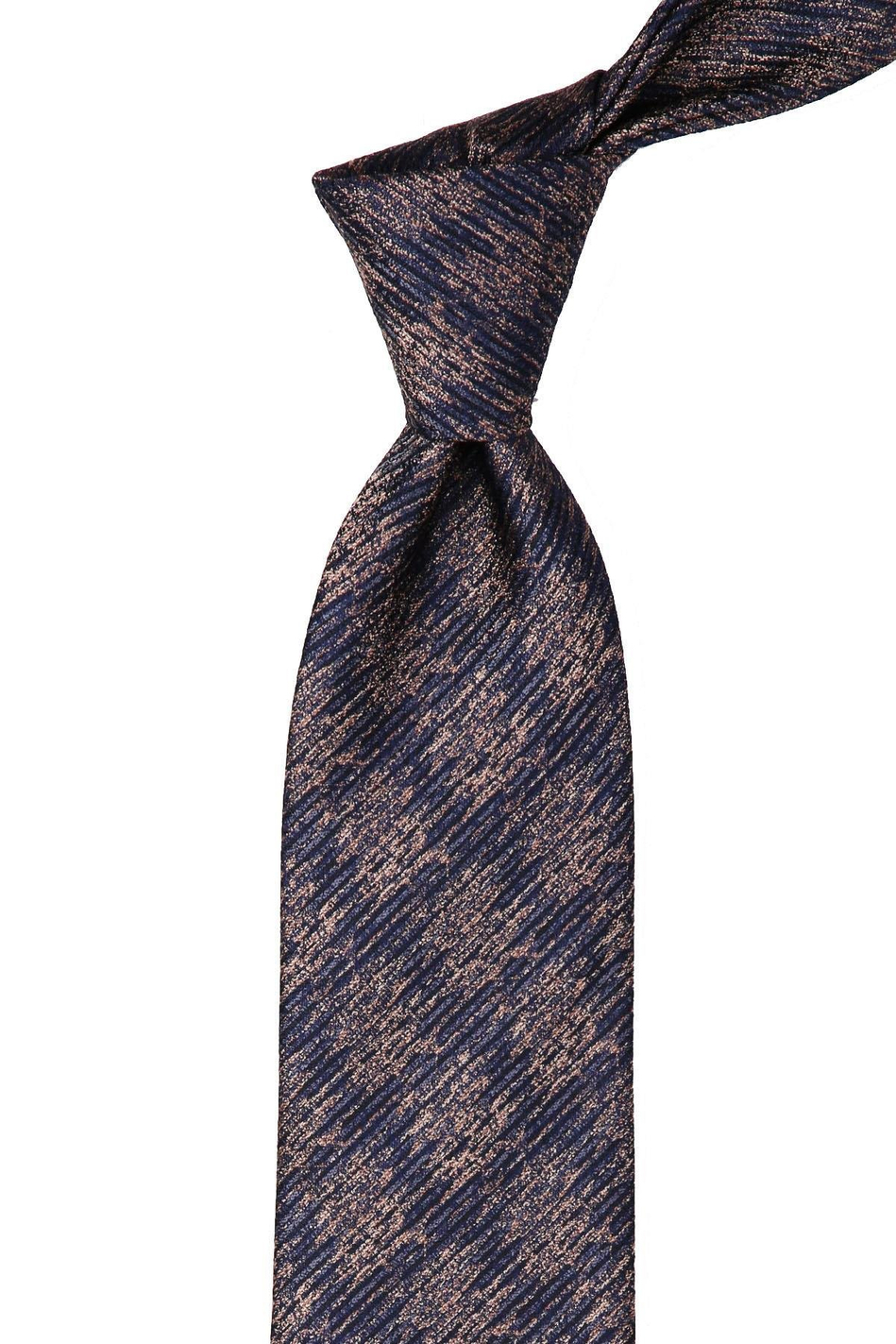 Lacivert - Kahverengi Motif Desen Mendilli Klasik Kravat KK10371