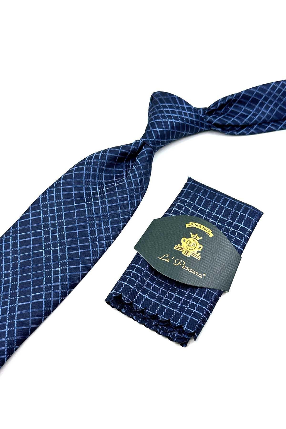 Lacivert Kare Desen Mendilli Klasik Kravat KK12593