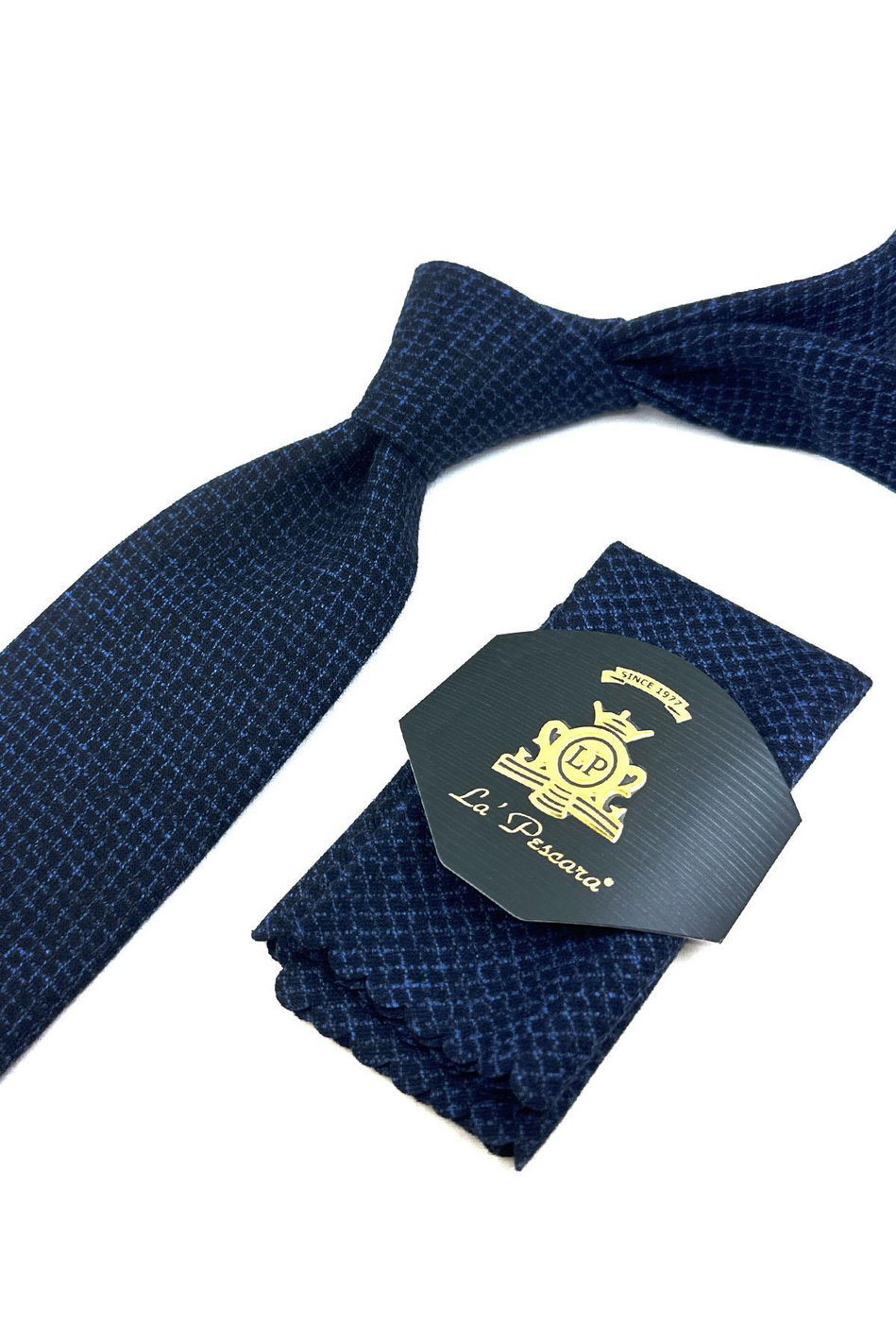 Lacivert Kare Desen Mendilli Klasik Yün Kravat KK12126
