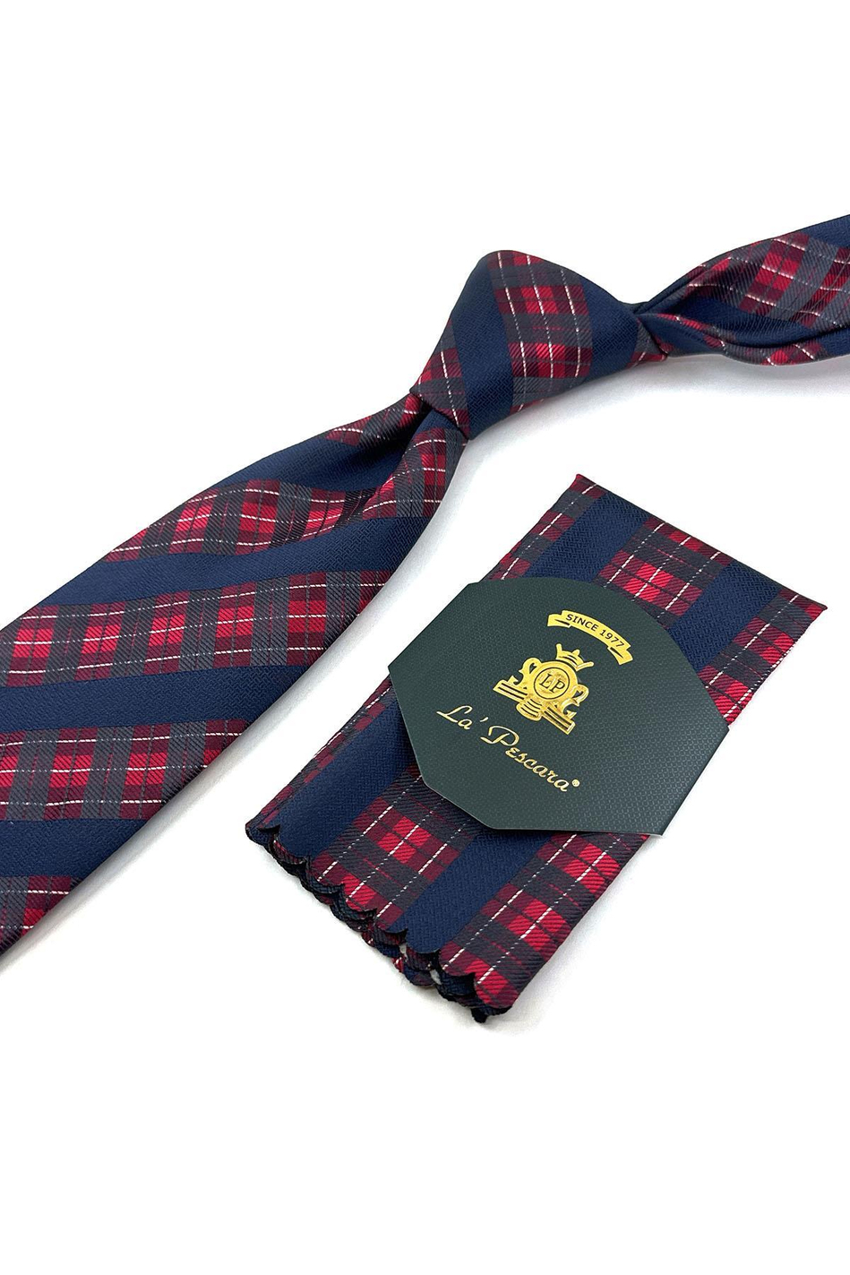 Lacivert - Kırmızı Ekose Desen Mendilli Klasik Kravat KK11984