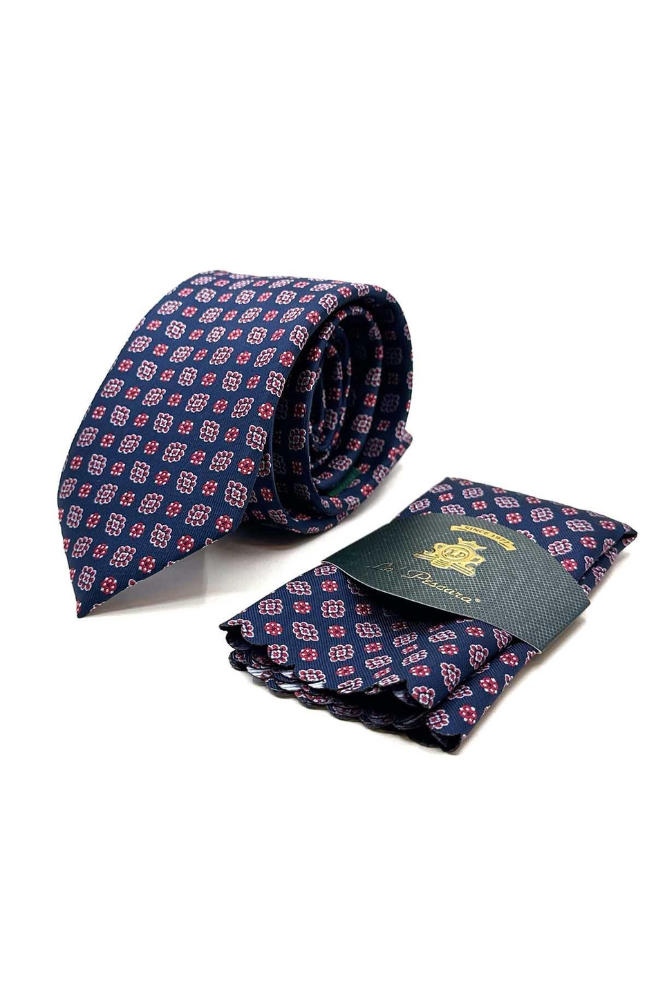 Lacivert - Kırmızı Motif Desen Mendilli Klasik Kravat KK12986