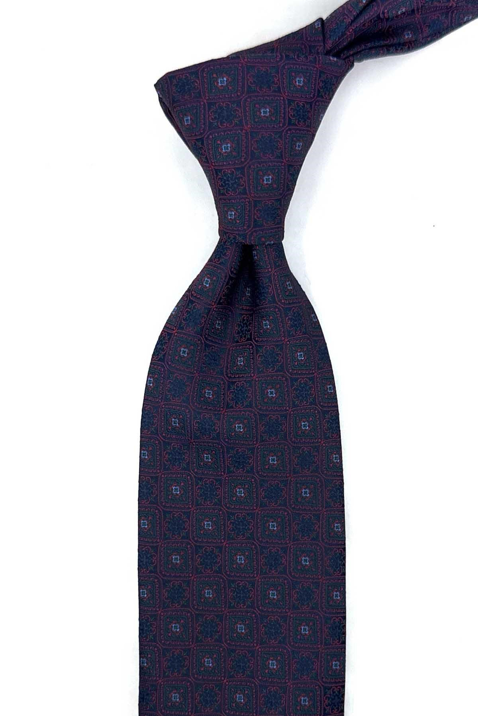 Lacivert Kırmızı Motif Desen Mendilli Klasik Kravat KK13899