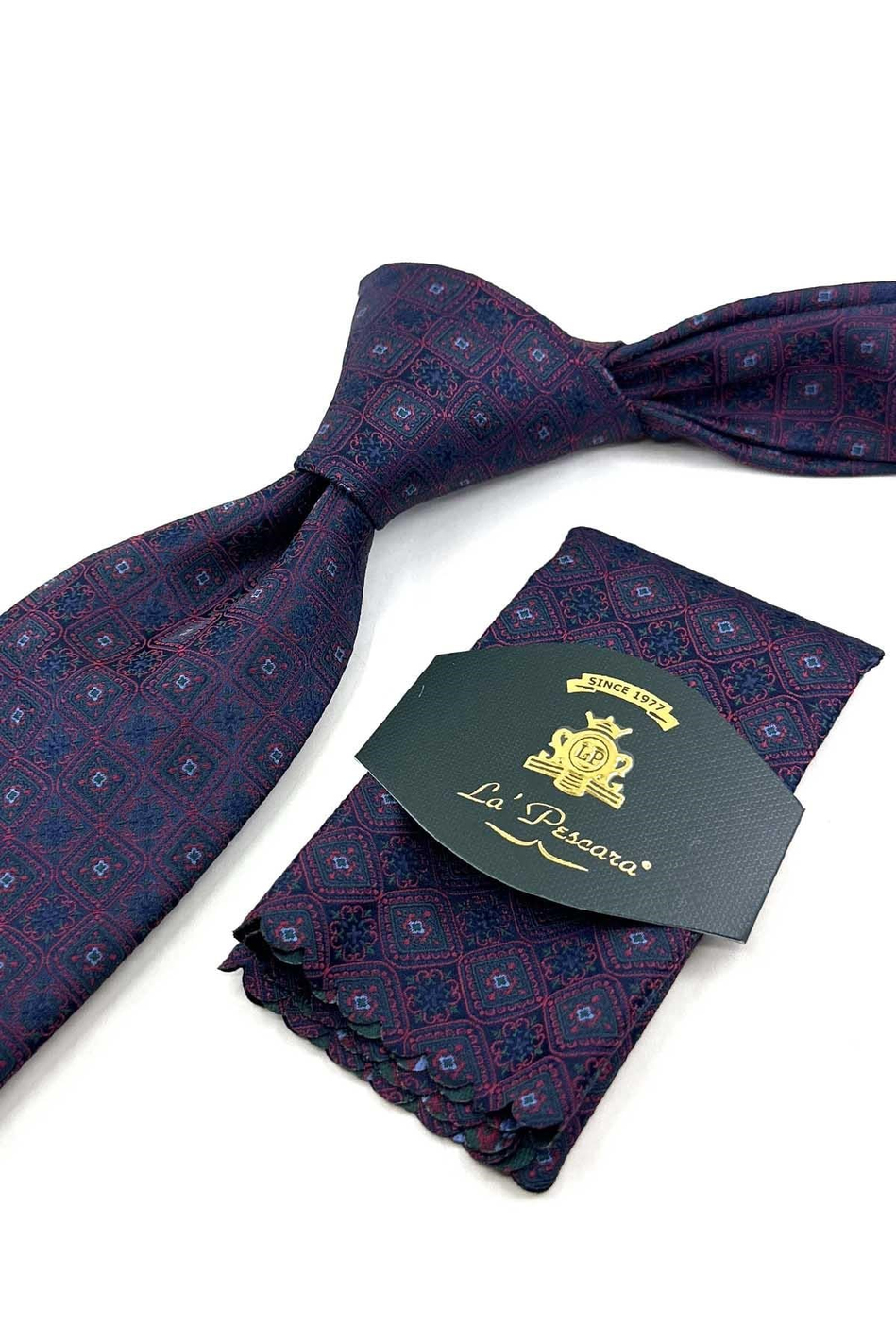 Lacivert Kırmızı Motif Desen Mendilli Klasik Kravat KK13899