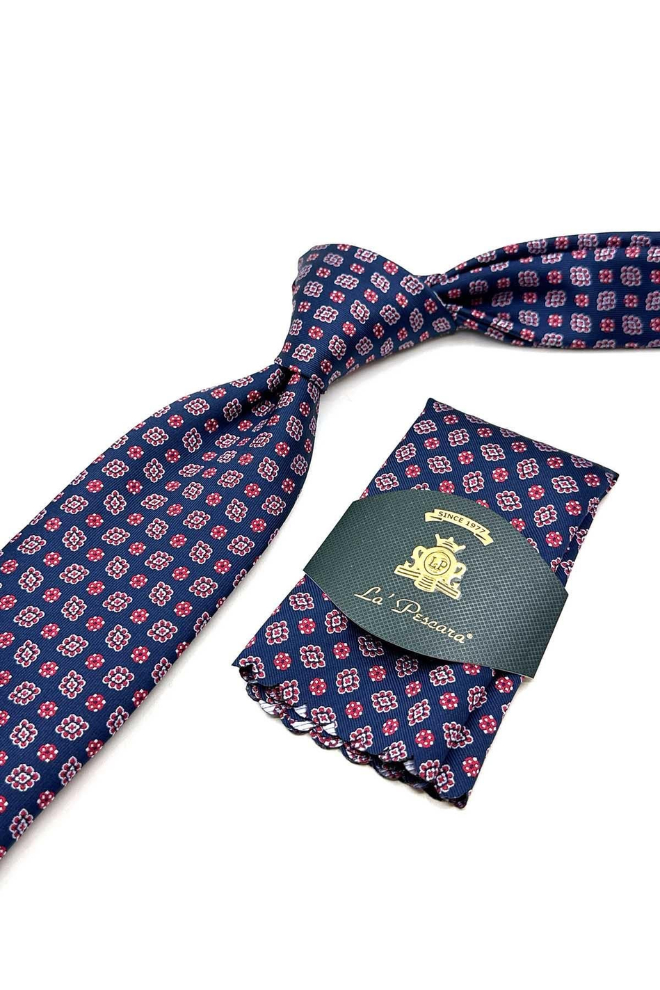 Lacivert - Kırmızı Motif Desen Mendilli Klasik Kravat KK12986