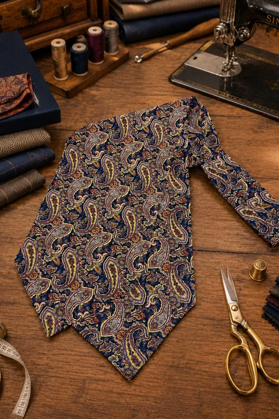 Lacivert Kırmızı Şal Desen İtalyan İpek Ascot Kravat SAC103