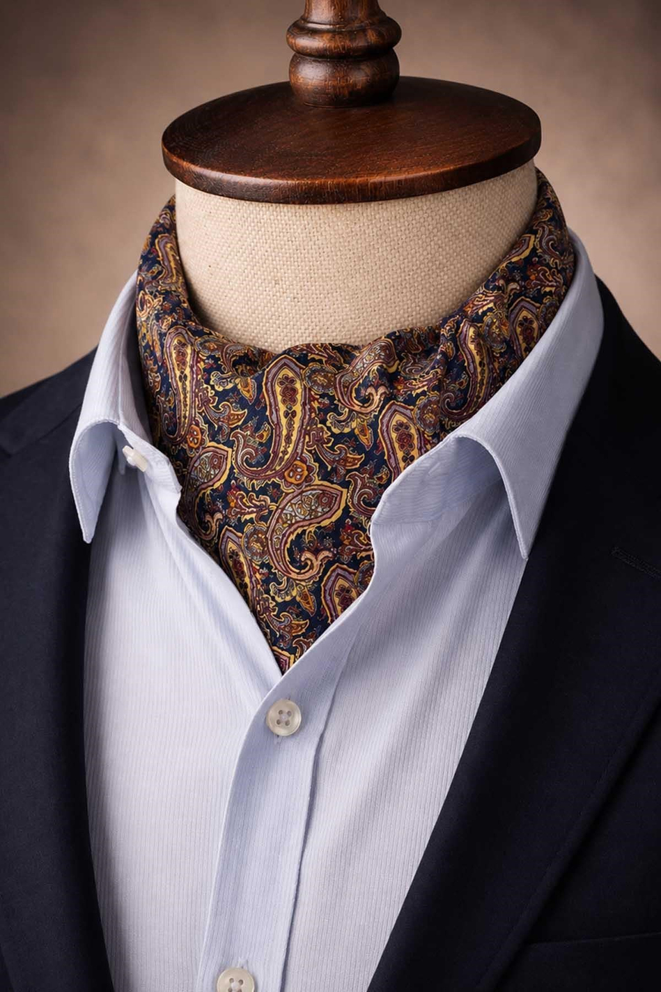 Lacivert Kırmızı Şal Desen İtalyan İpek Ascot Kravat SAC103