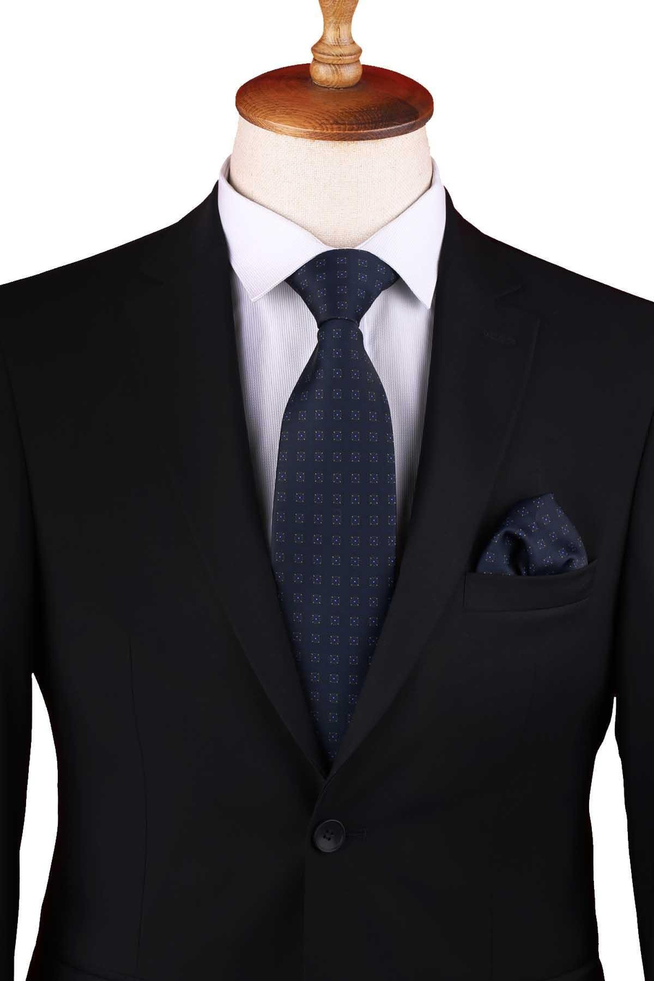 Lacivert Küçük Desen Baskılı Mendilli Klasik Kravat KK13347