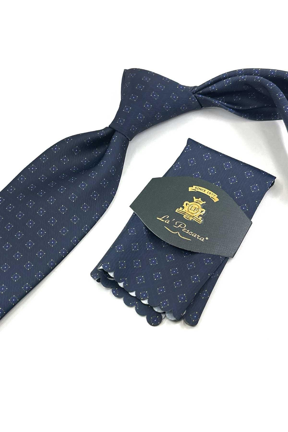 Lacivert Küçük Desen Baskılı Mendilli Klasik Kravat KK13347