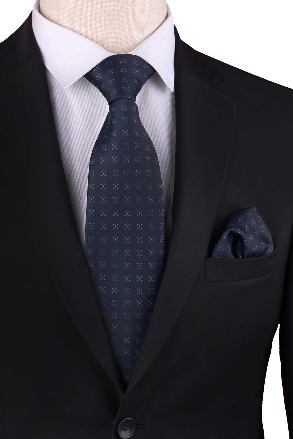Lacivert Küçük Desen Baskılı Mendilli Klasik Kravat KK13347