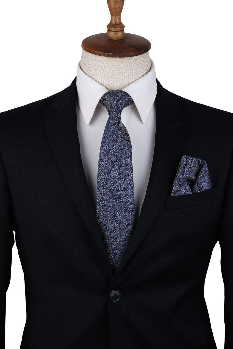 Lacivert Kum Desen Mendilli Klasik Kravat KK10157