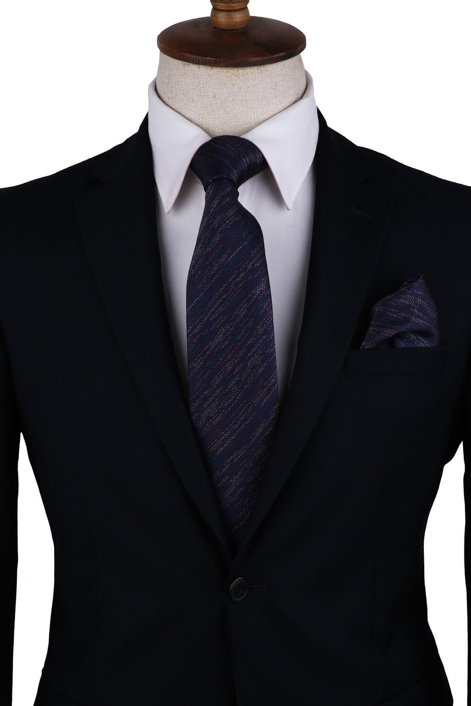 Lacivert Kum Desen Mendilli Klasik Kravat KK10620