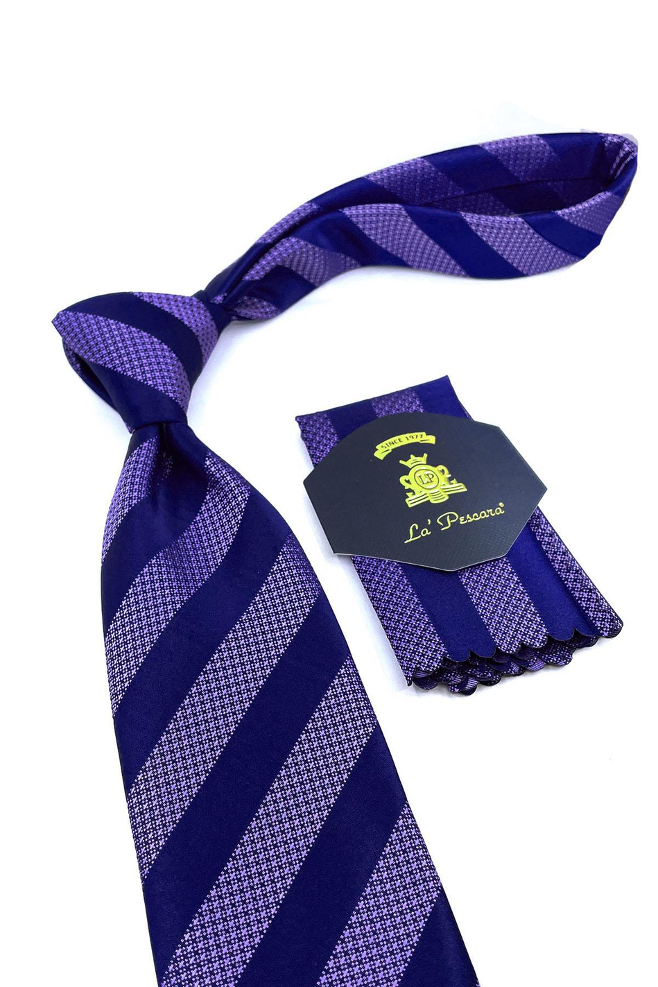 Lacivert - Lila Çizgi Desen Mendilli Klasik Kravat KK10987