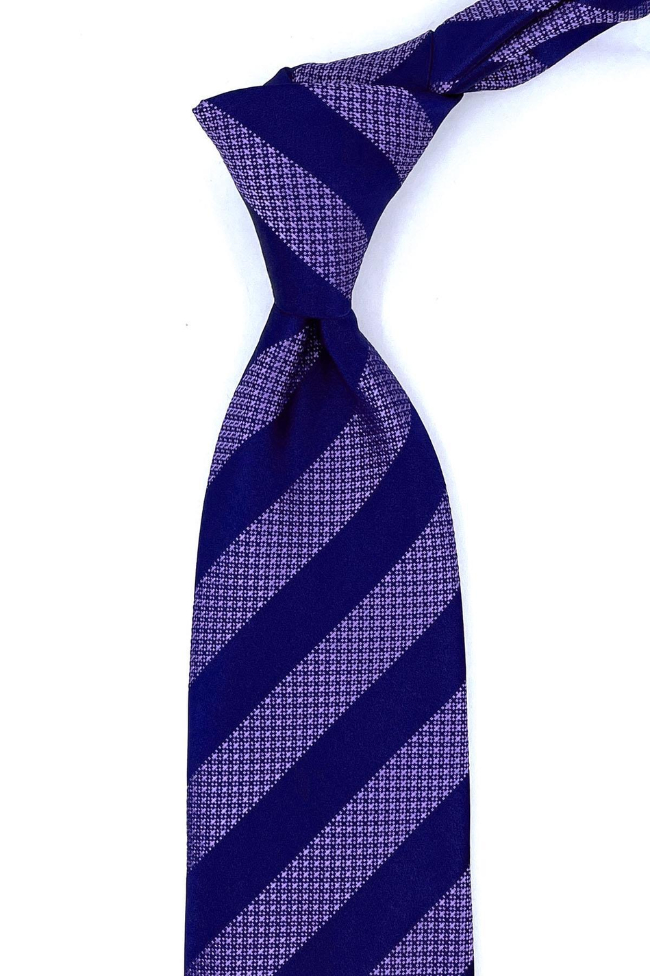 Lacivert - Lila Çizgi Desen Mendilli Klasik Kravat KK10987