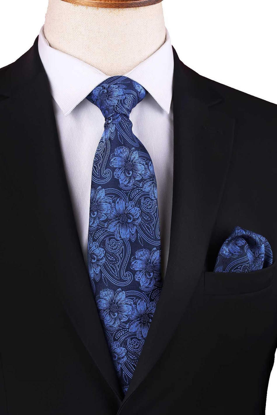 Lacivert - Mavi  Çiçek Desen Mendilli Klasik Kravat KK12945