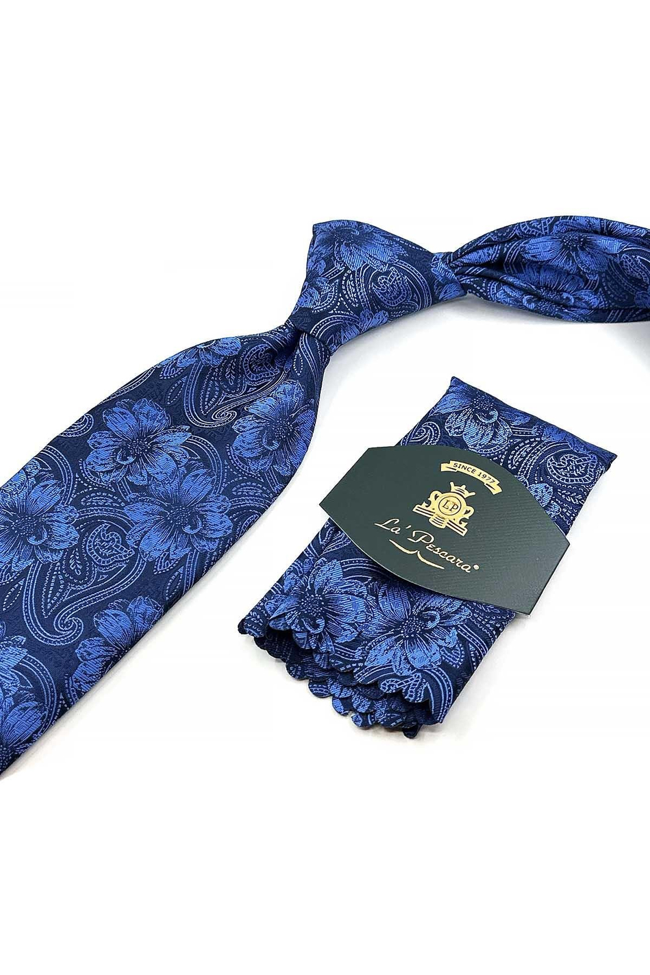 Lacivert - Mavi  Çiçek Desen Mendilli Klasik Kravat KK12945