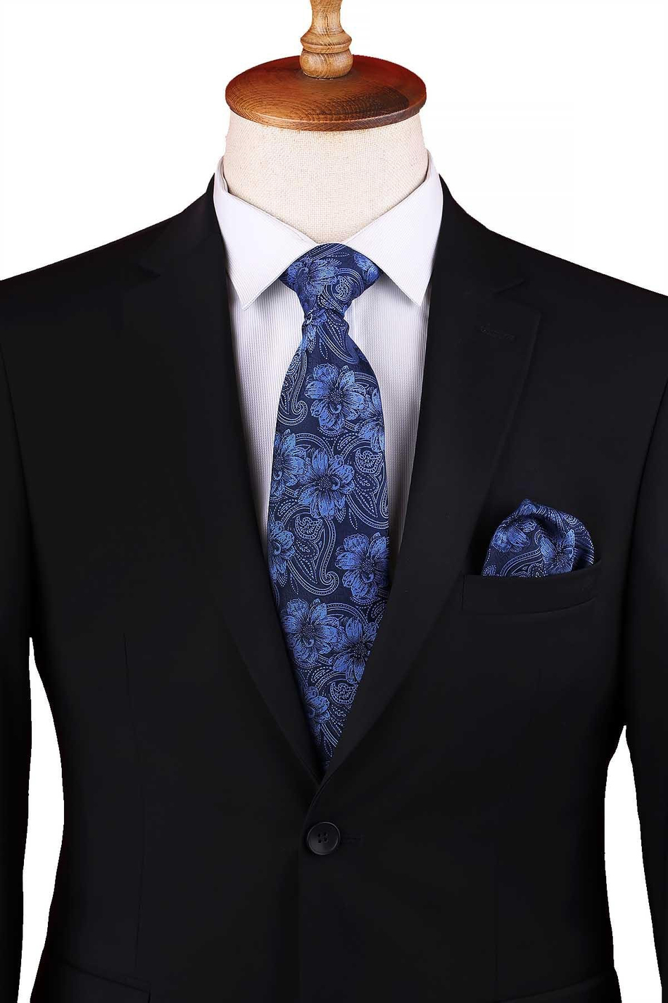 Lacivert - Mavi  Çiçek Desen Mendilli Klasik Kravat KK12945