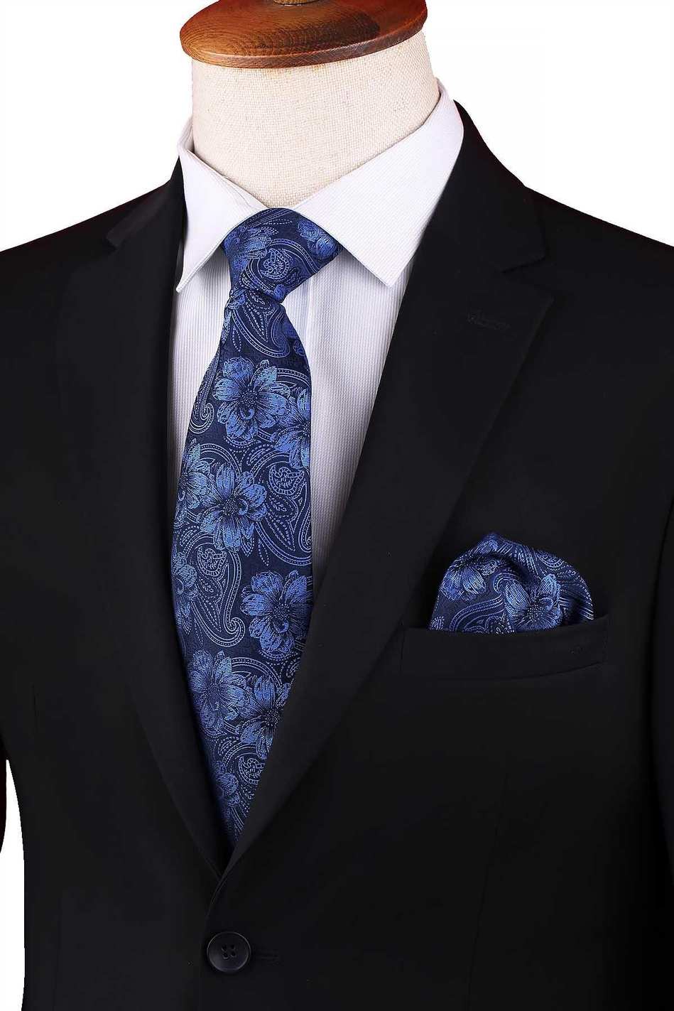 Lacivert - Mavi  Çiçek Desen Mendilli Klasik Kravat KK12945