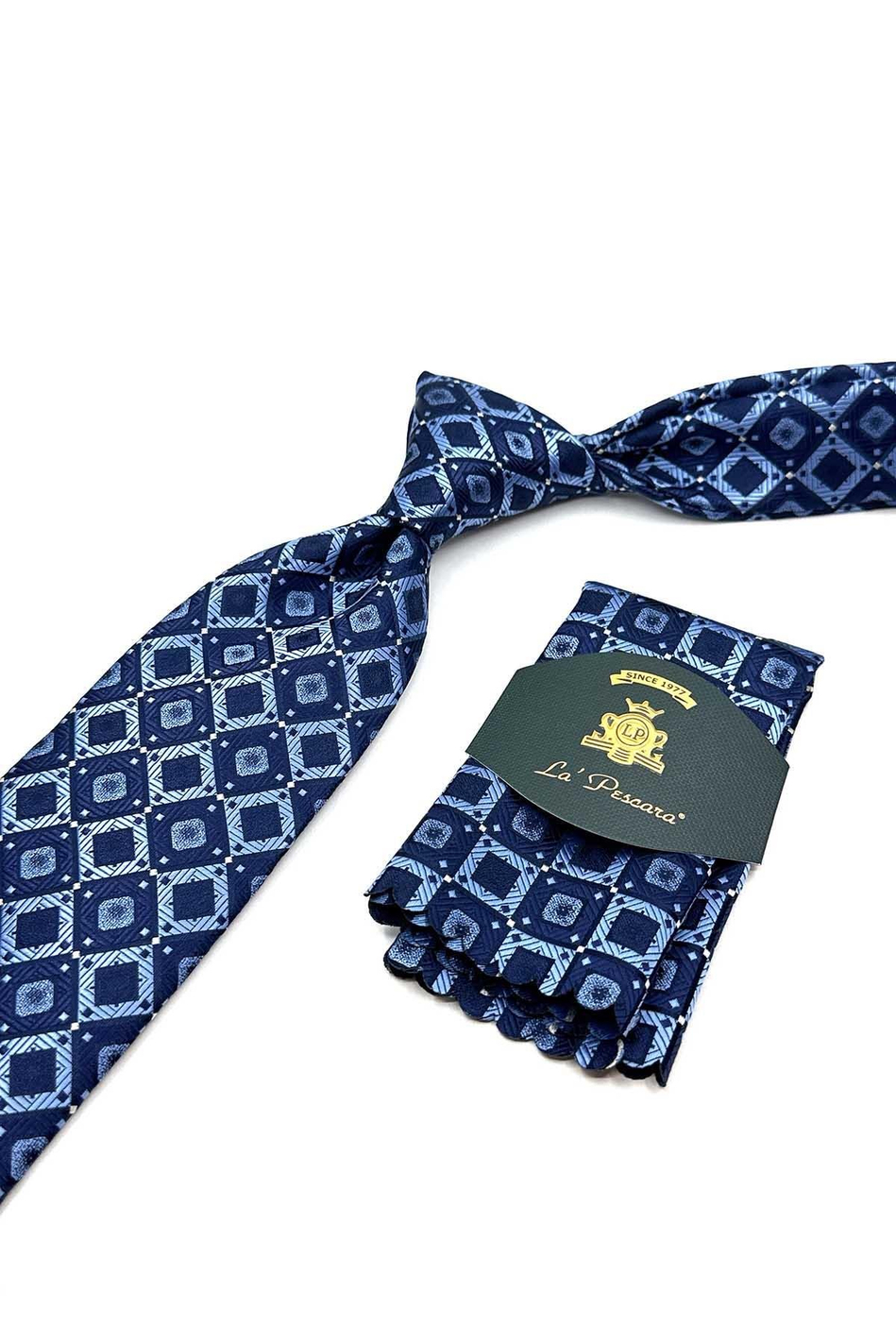 Lacivert - Mavi Kare Desen Mendilli Klasik Kravat KK12866