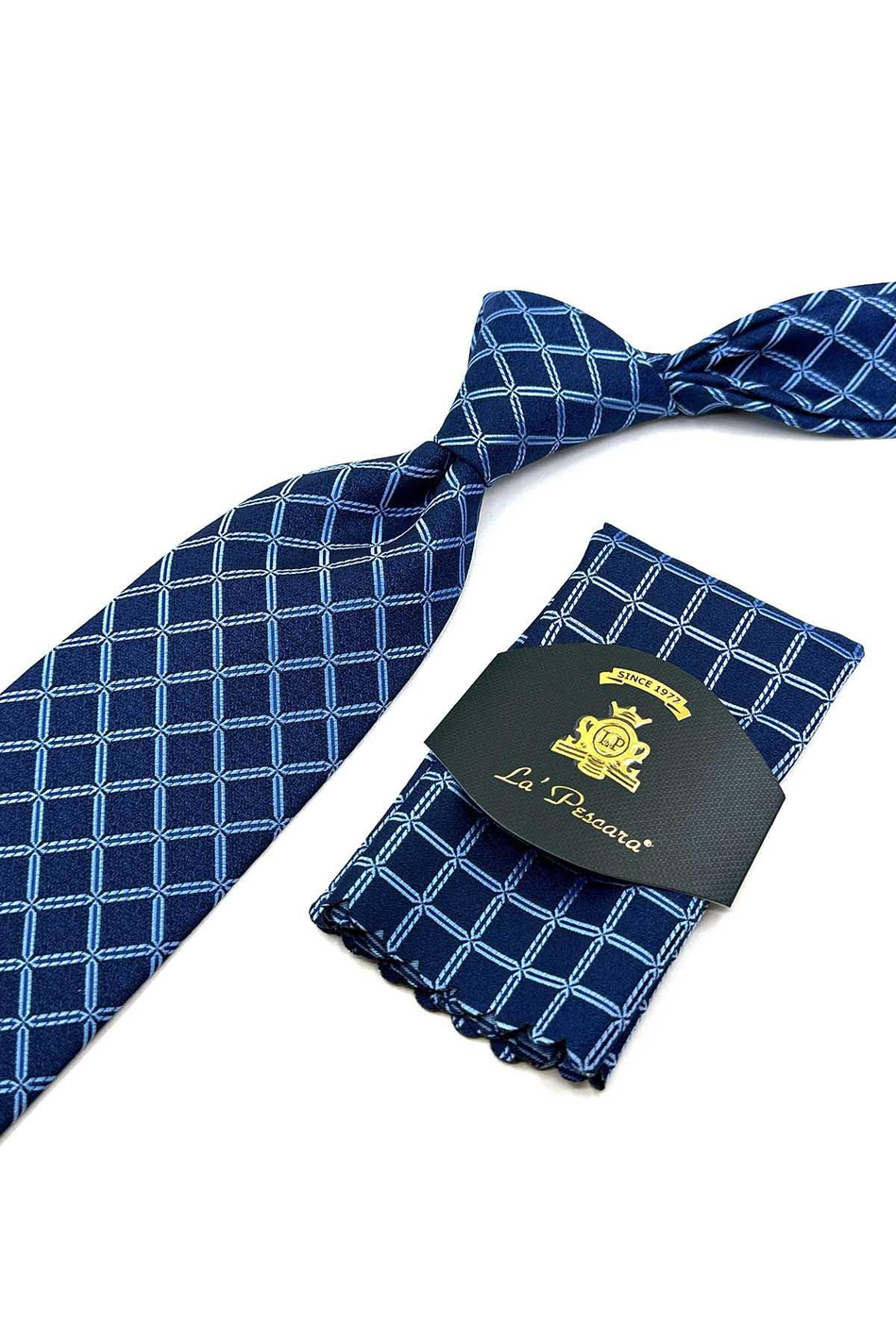 Lacivert - Mavi Kare Desen Mendilli Klasik Kravat KK12470