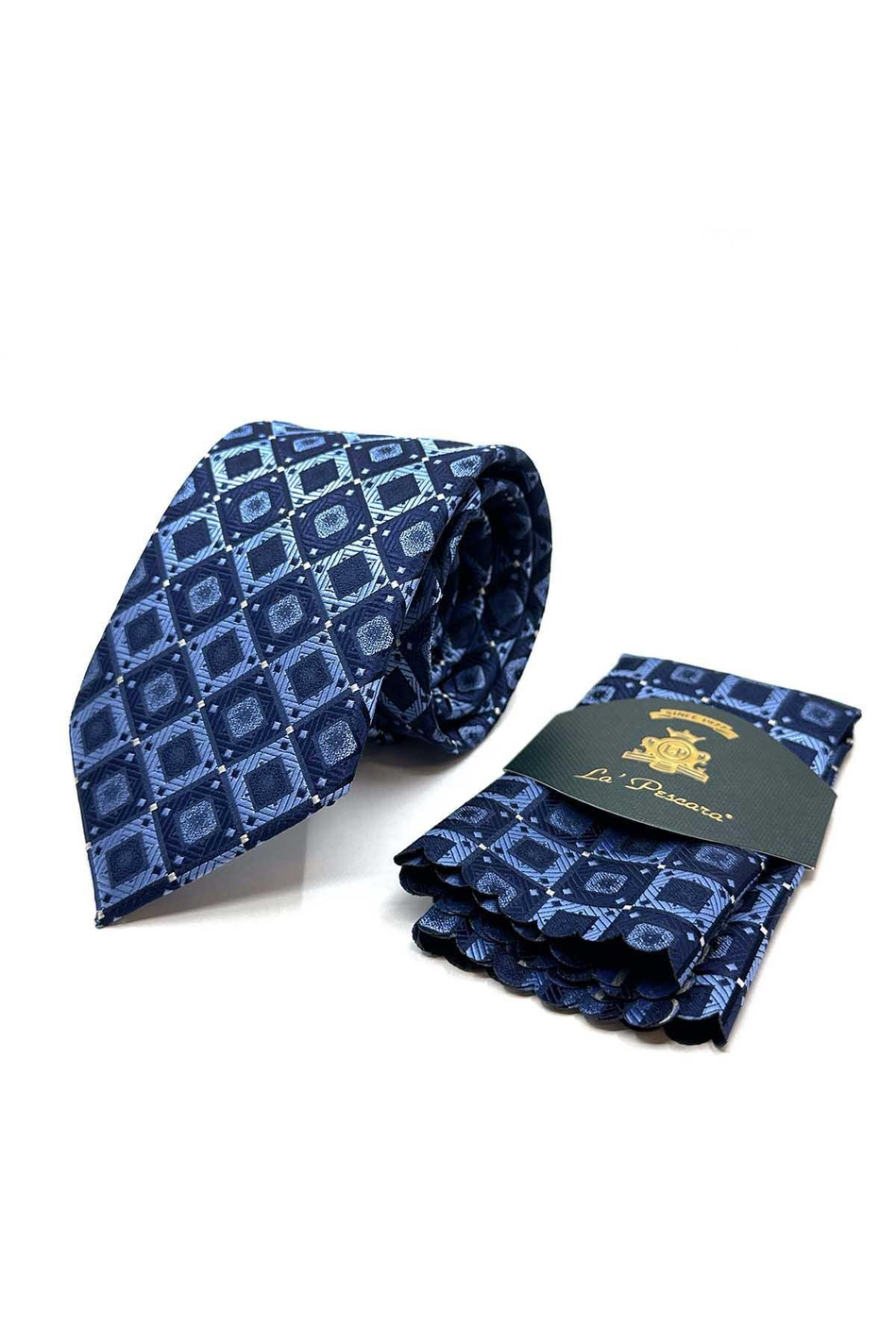 Lacivert - Mavi Kare Desen Mendilli Klasik Kravat KK12866