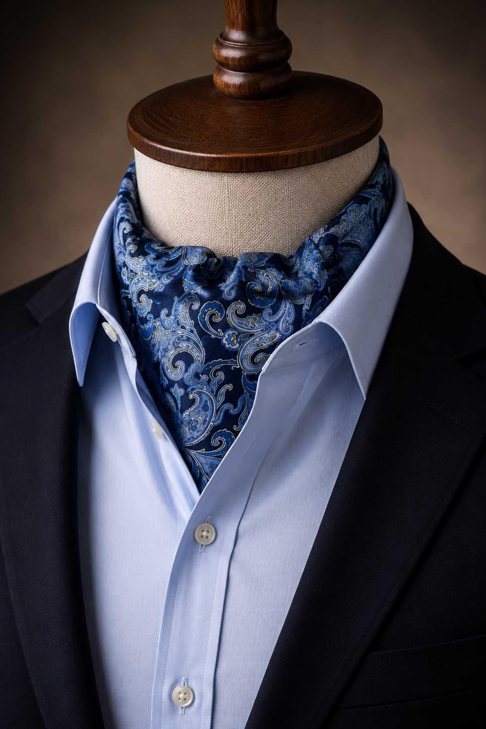 Lacivert Mavi Şal Desen İtalyan İpek Ascot Kravat SAC105