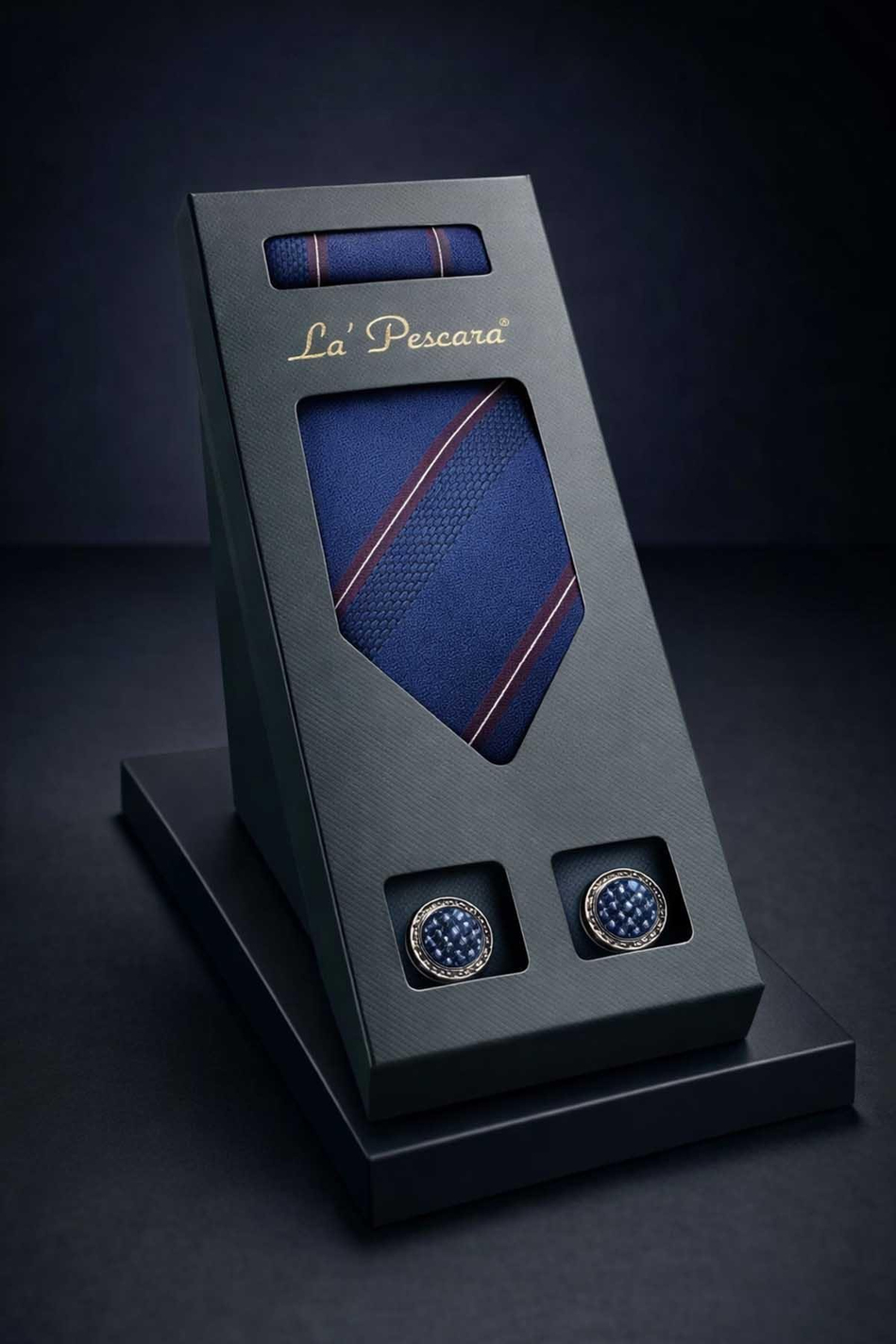 Lacivert Mendilli Klasik Kravat Kol Düğmesi Erkek Hediye Seti OS603