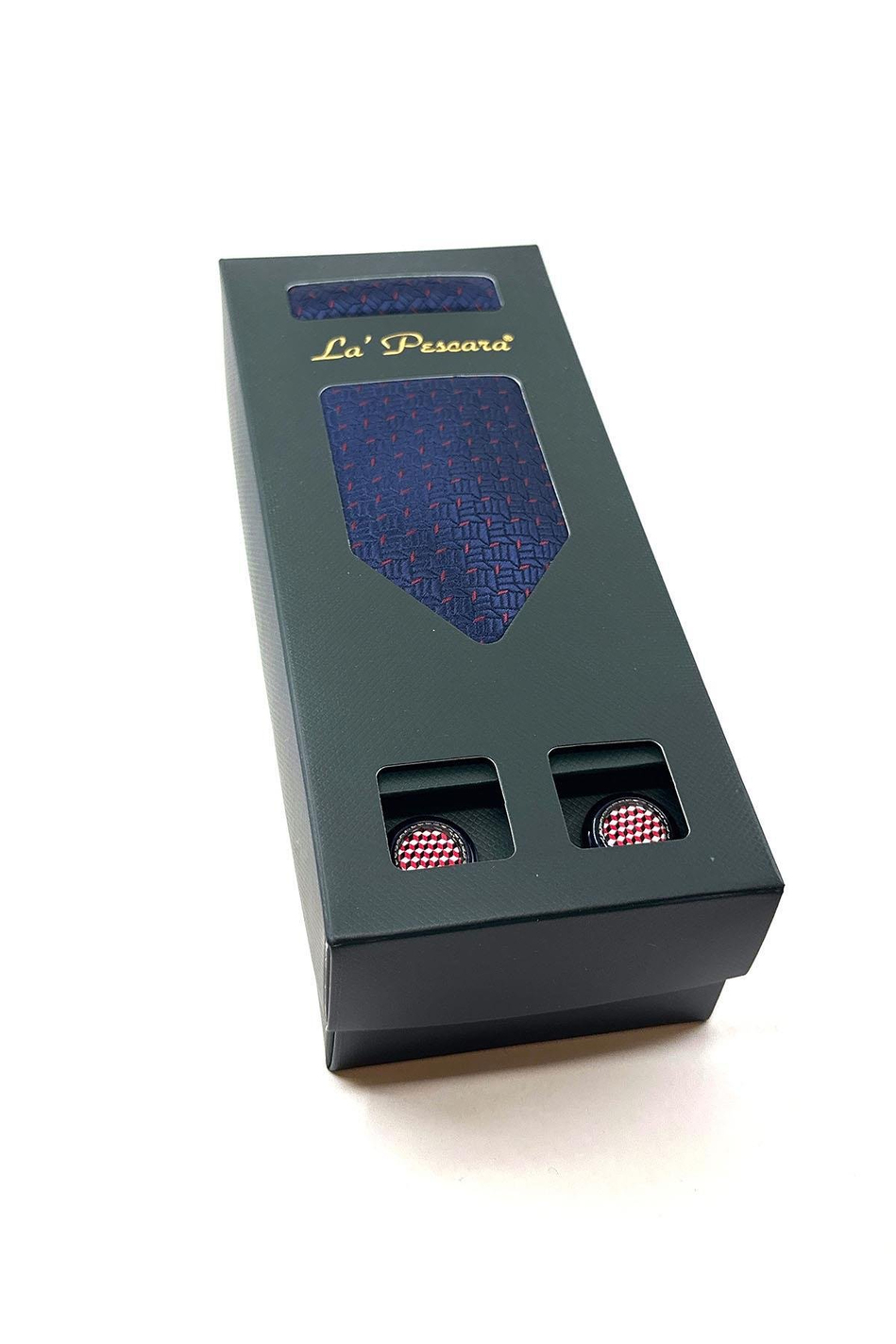 Lacivert Mendilli Kravat Çok Renkli Kol Düğmesi Hediye Seti OS543