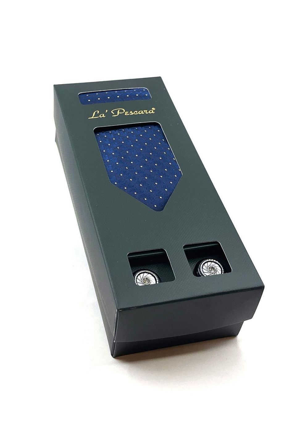 Lacivert Mendilli Kravat Gri Kol Düğmesi Hediye Seti OS507