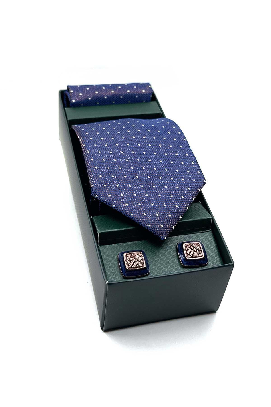 Lacivert Mendilli Kravat Kahve Kol Düğmesi Hediye Seti OS579