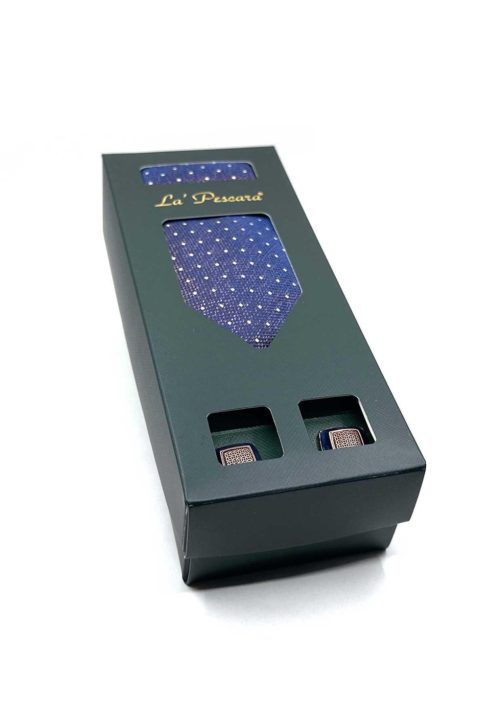 Lacivert Mendilli Kravat Kahve Kol Düğmesi Hediye Seti OS579