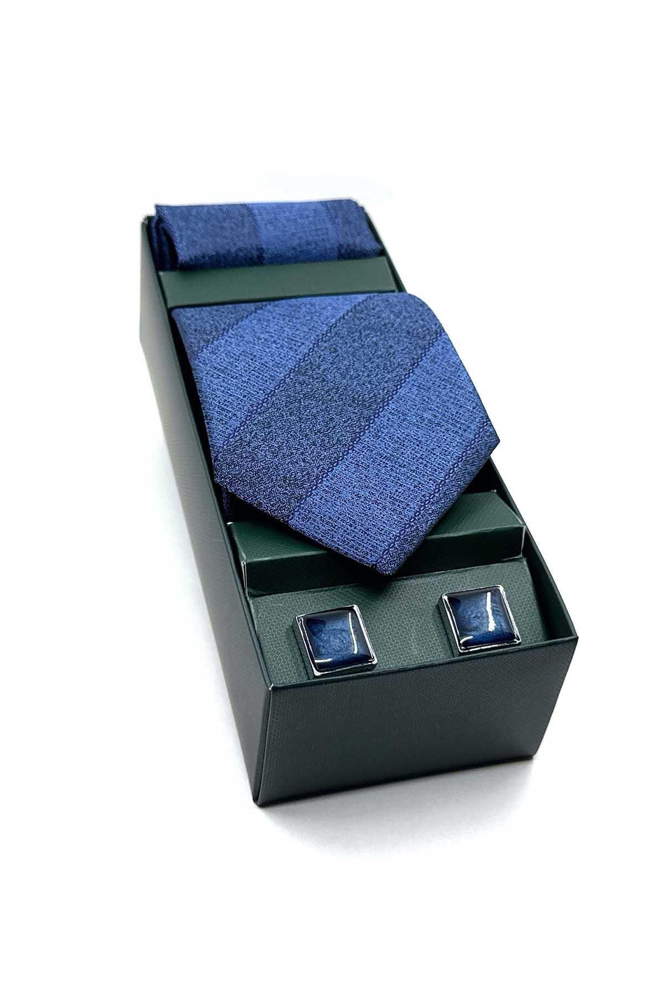 Lacivert Mendilli Kravat Lacivert Kol Düğmesi Hediye Seti OS585
