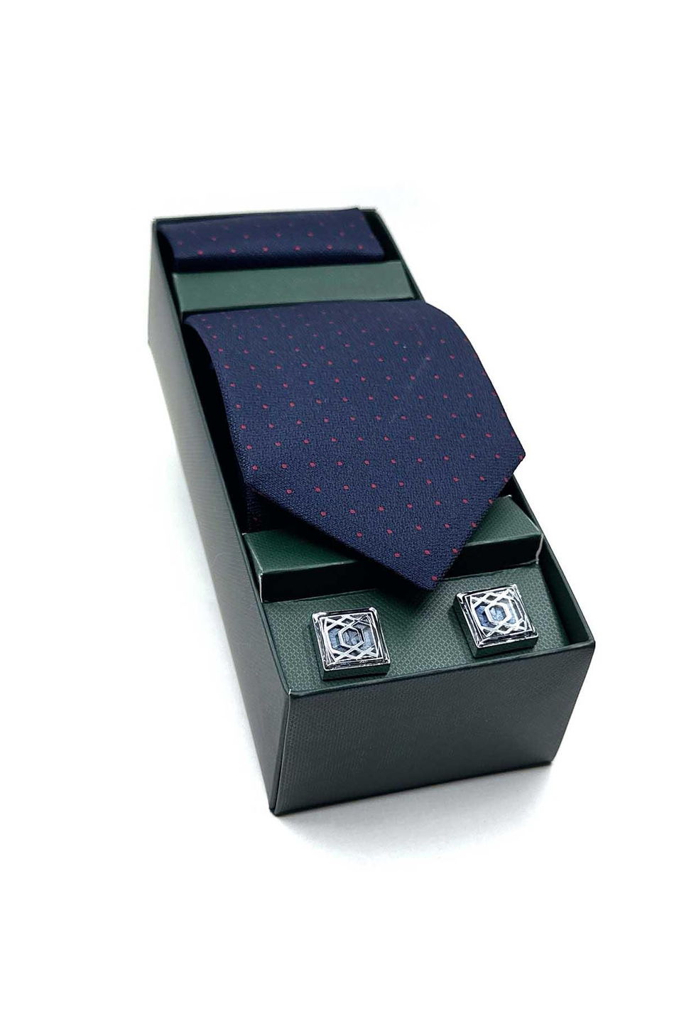 Lacivert Mendilli Kravat Lacivert Kol Düğmesi Hediye Seti OS587