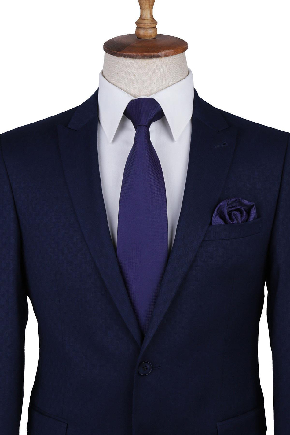 Lacivert - Mor Nokta Desen Mendilli Klasik Kravat KK9204