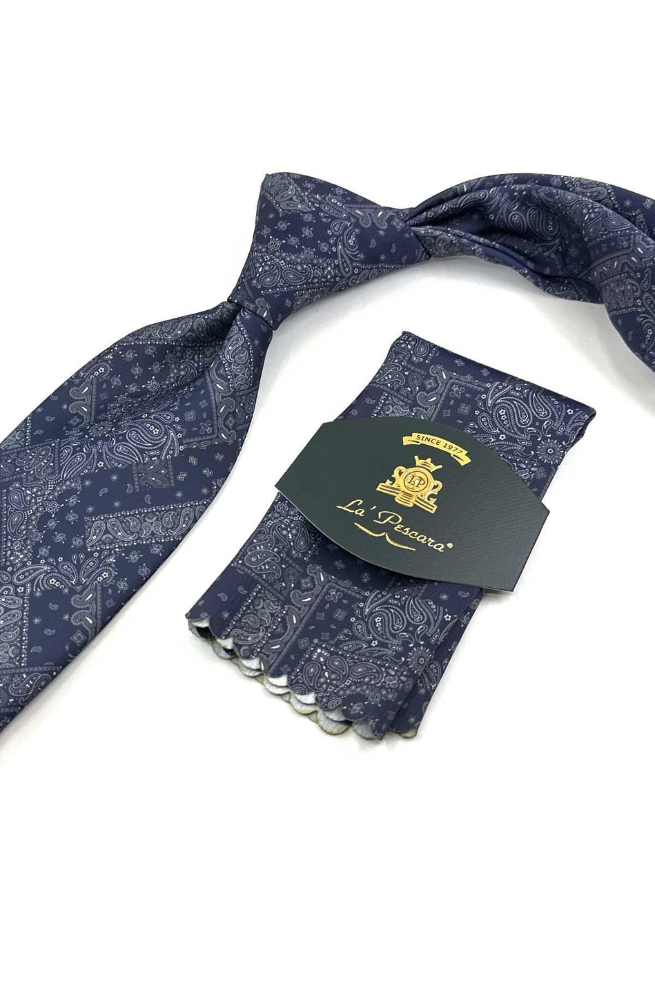 Lacivert Motif Desen Baskılı Mendilli Klasik Kravat KK13356