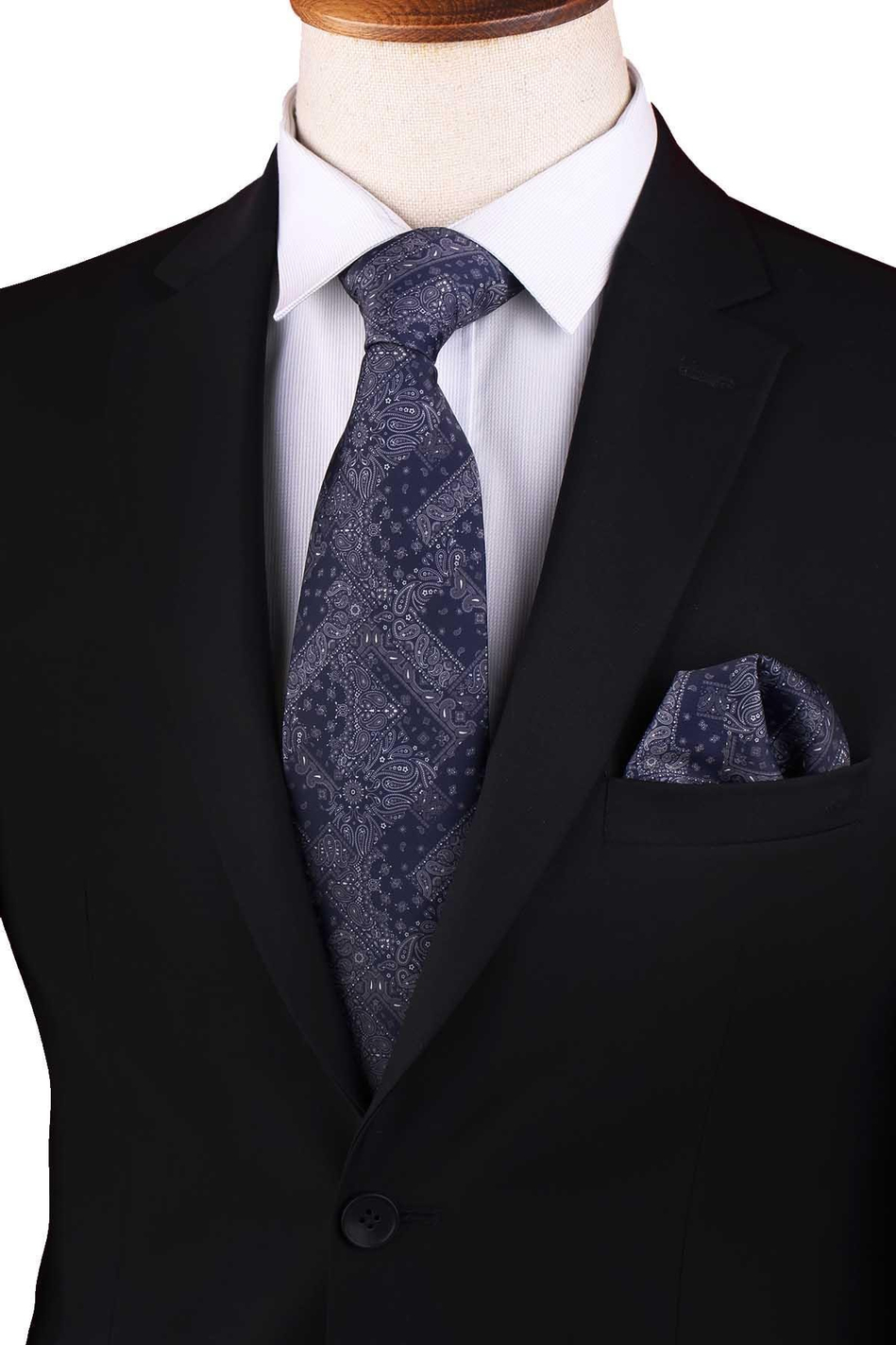 Lacivert Motif Desen Baskılı Mendilli Klasik Kravat KK13356