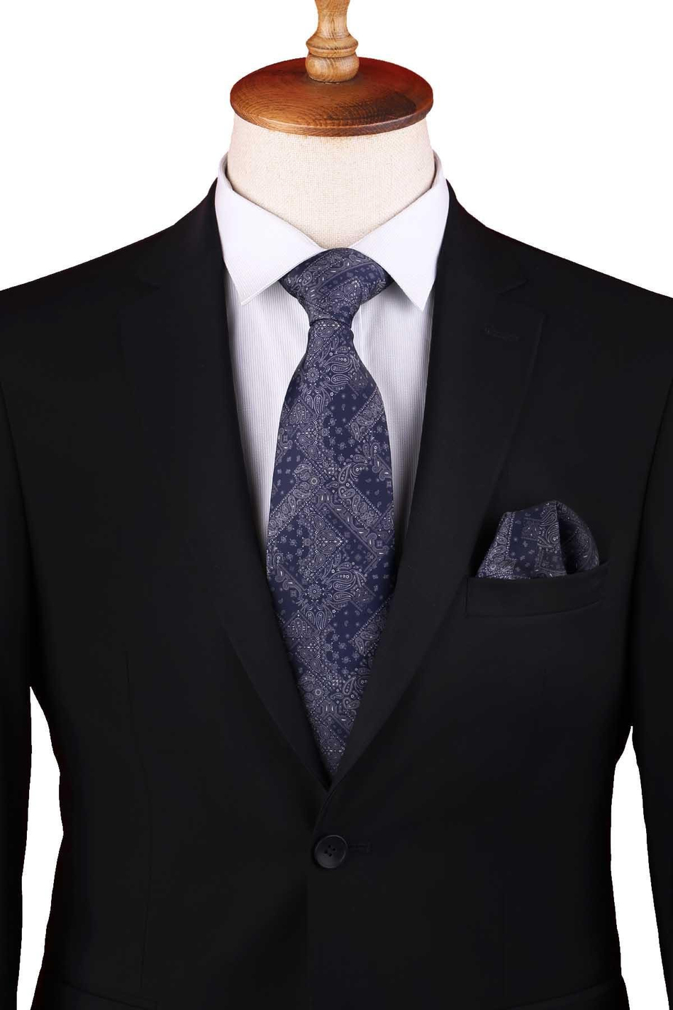 Lacivert Motif Desen Baskılı Mendilli Klasik Kravat KK13356