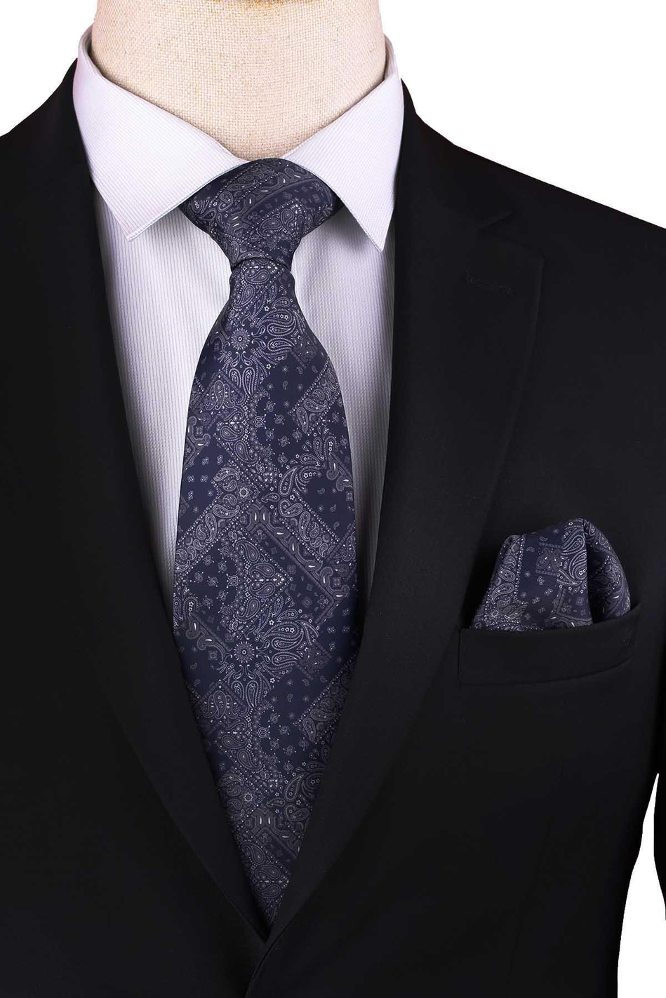 Lacivert Motif Desen Baskılı Mendilli Klasik Kravat KK13356