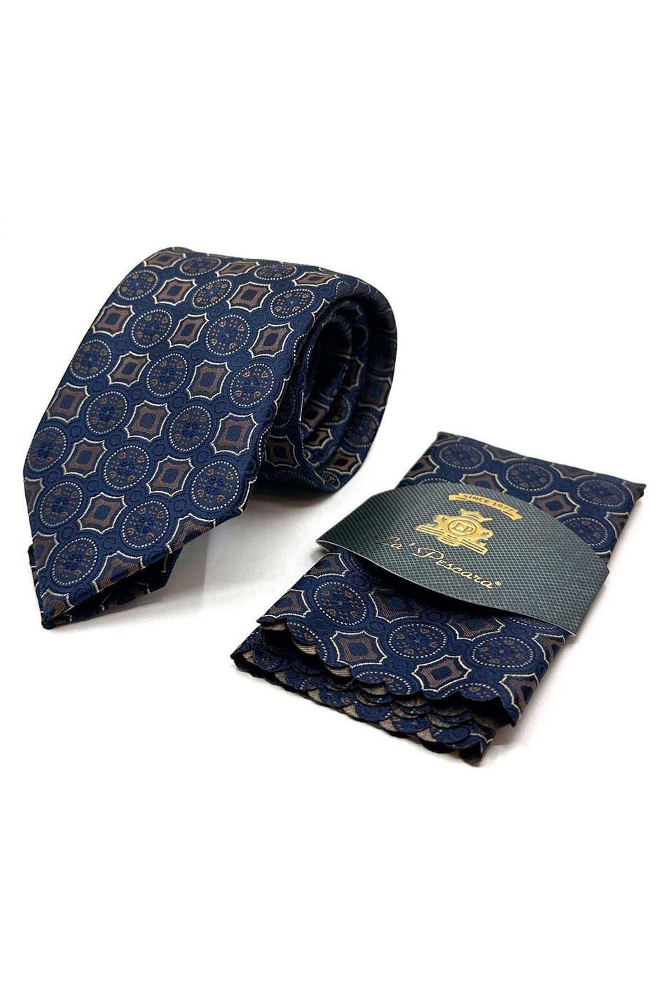 Lacivert Motif Desen Mendilli Klasik Kravat KK12958