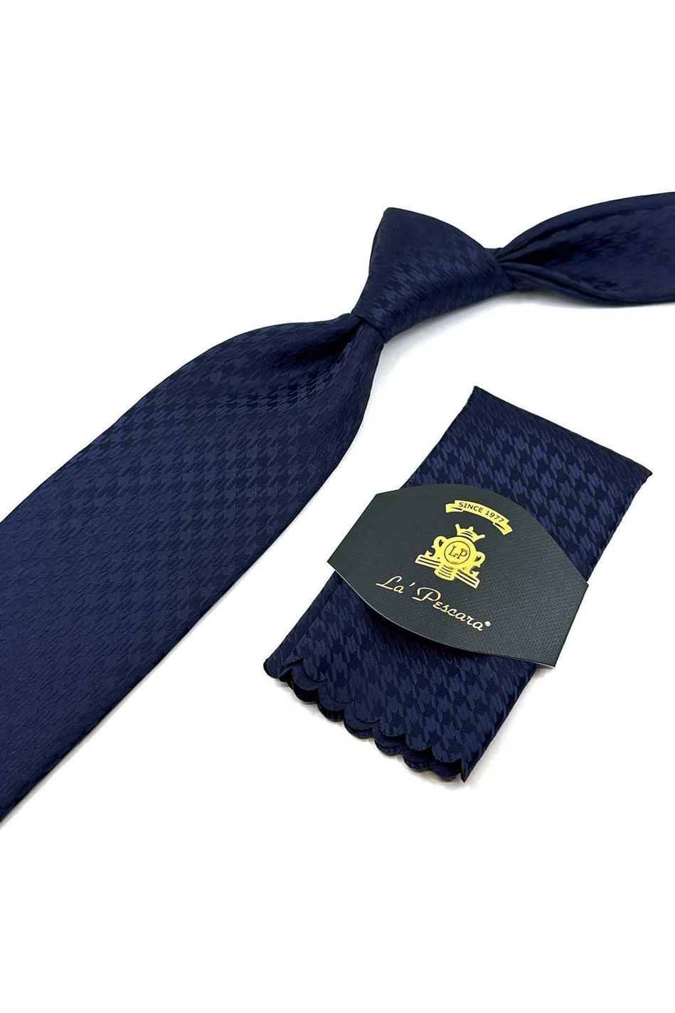 Lacivert Motif Desen Mendilli Klasik Kravat KK12456