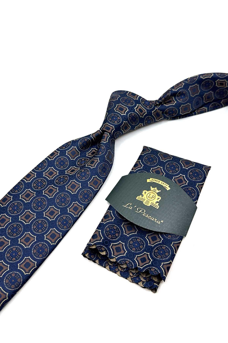 Lacivert Motif Desen Mendilli Klasik Kravat KK12958