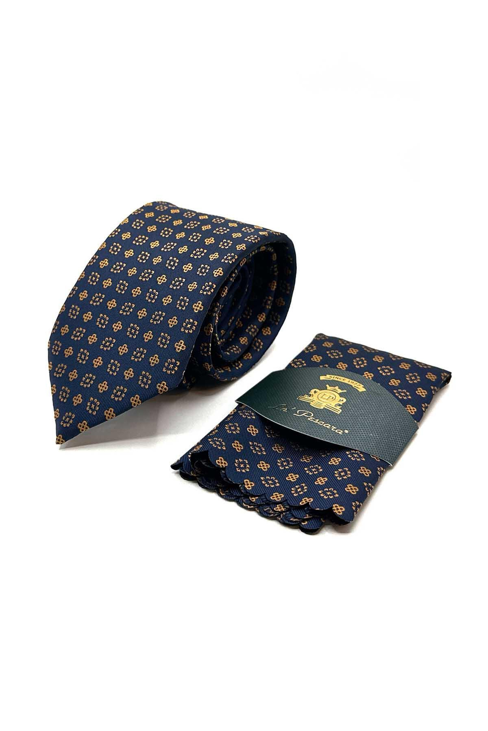 Lacivert Motif Desen Mendilli Klasik Kravat KK12982