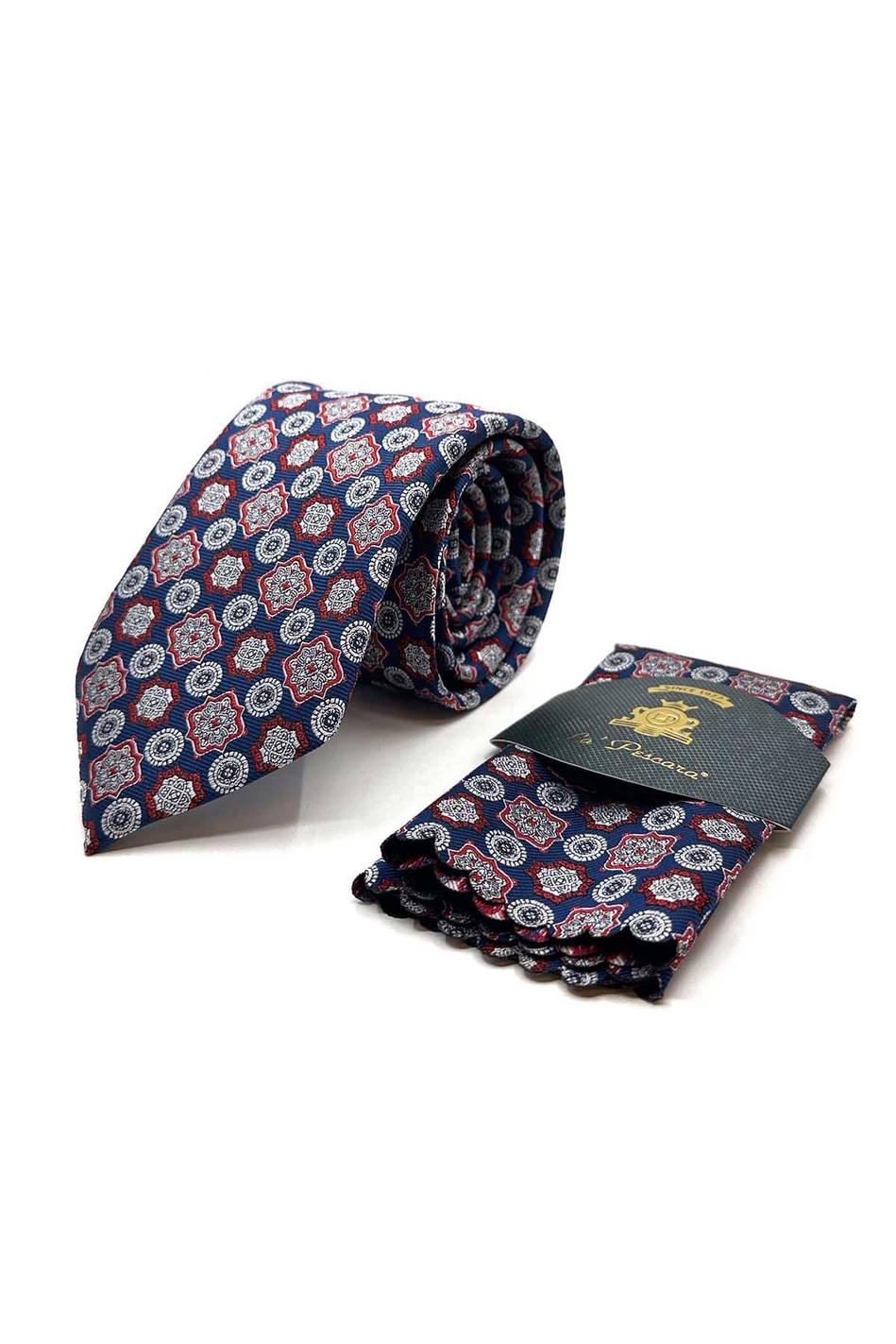 Lacivert Motif Desen Mendilli Klasik Kravat KK12974