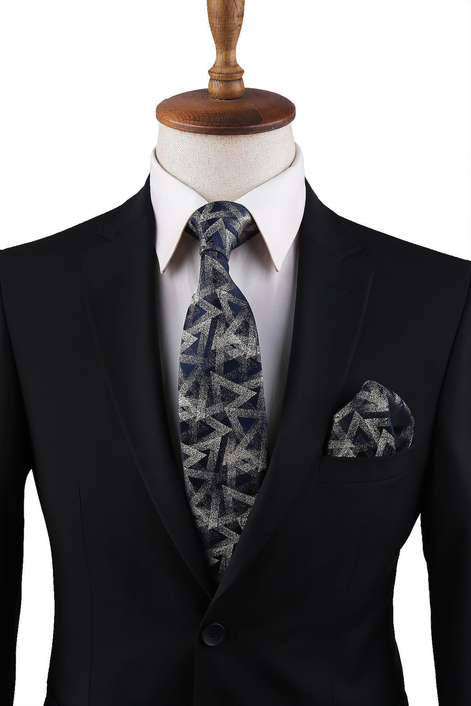 Lacivert Motif Desen Mendilli Klasik Kravat KK10835