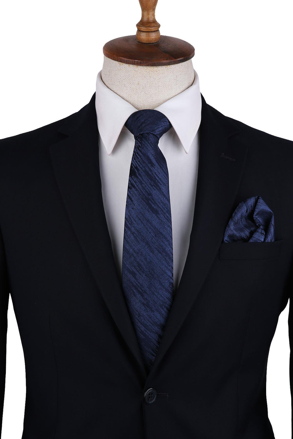 Lacivert Motif Desen Mendilli Klasik Kravat KK10529