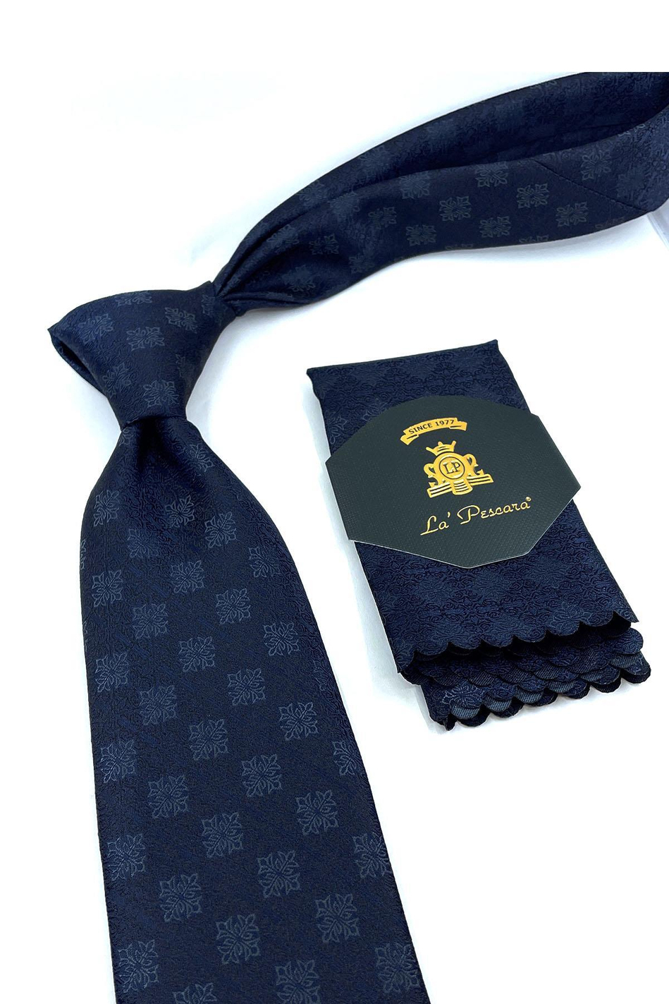 Lacivert Motif Desen Mendilli Klasik Kravat KK10950