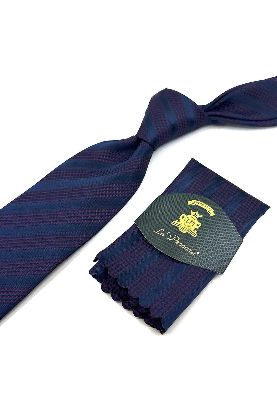 Lacivert - Mürdüm Çizgi Desen Mendilli Klasik Kravat KK12311