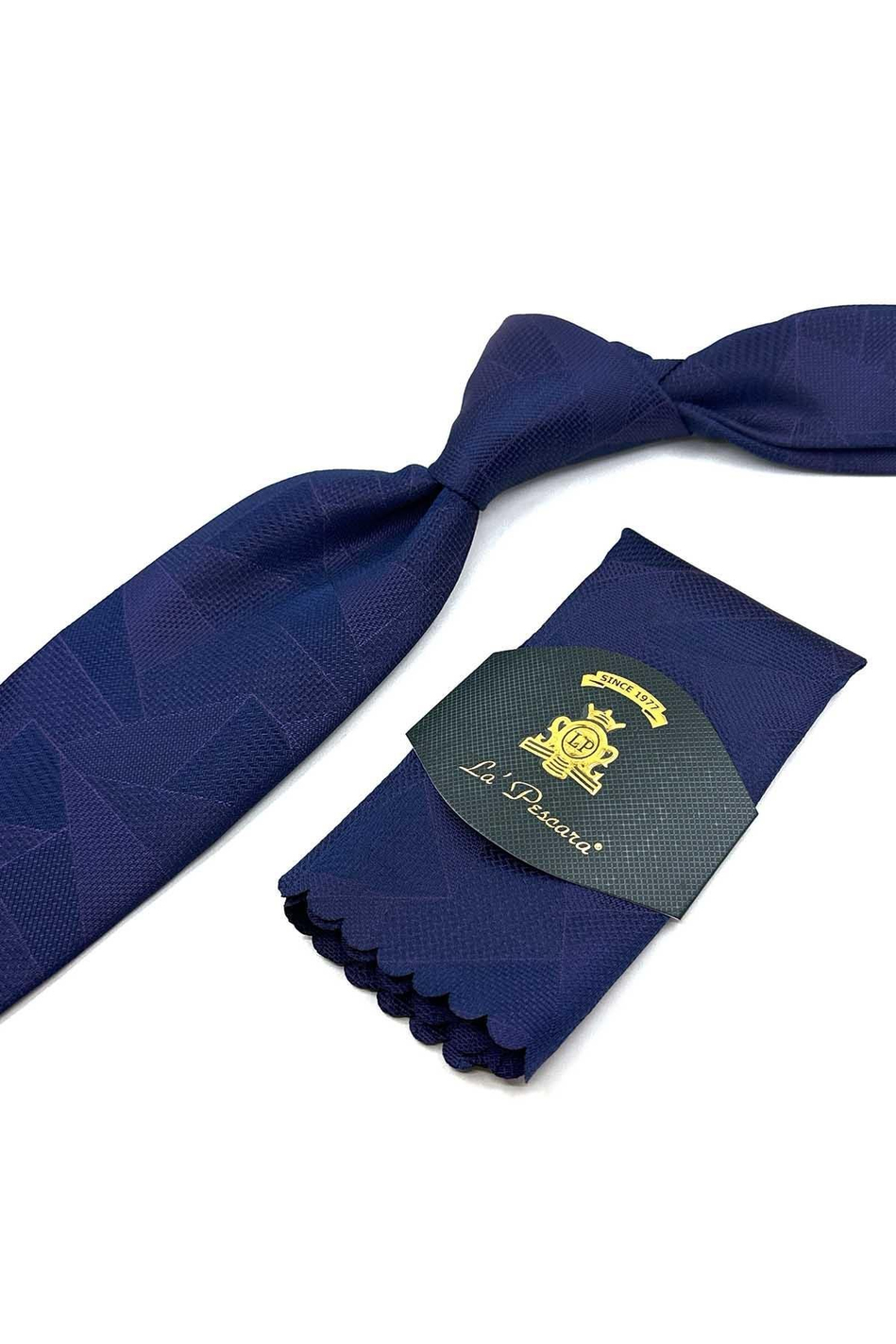 Lacivert - Mürdüm Motif Desen Mendilli Klasik Kravat KK12297
