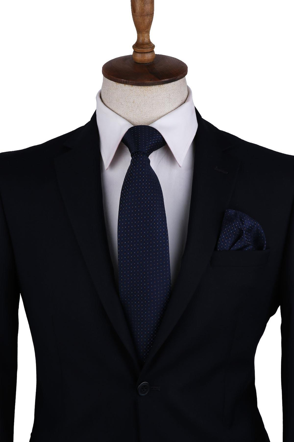 Lacivert Nokta Desen Mendilli Klasik Kravat KK10422