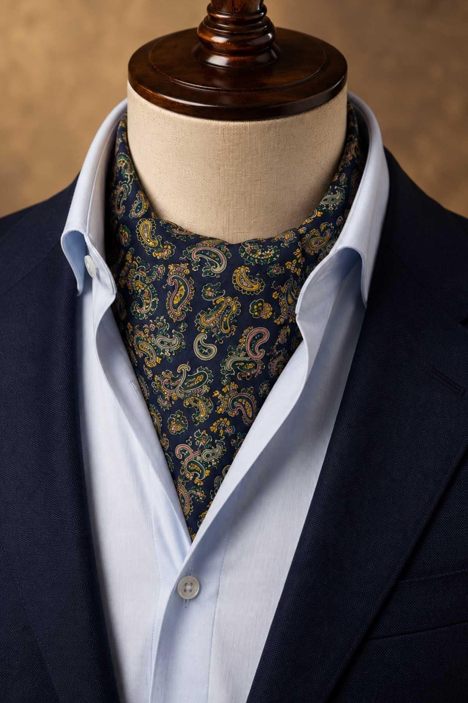 Lacivert Pembe Sarı Şal Desen İtalyan İpek Ascot Kravat SAC127
